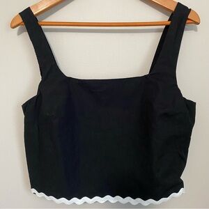 Cece Crop Top Black Square-Neck Crop Smocked Back Tank with White Scallop Hem